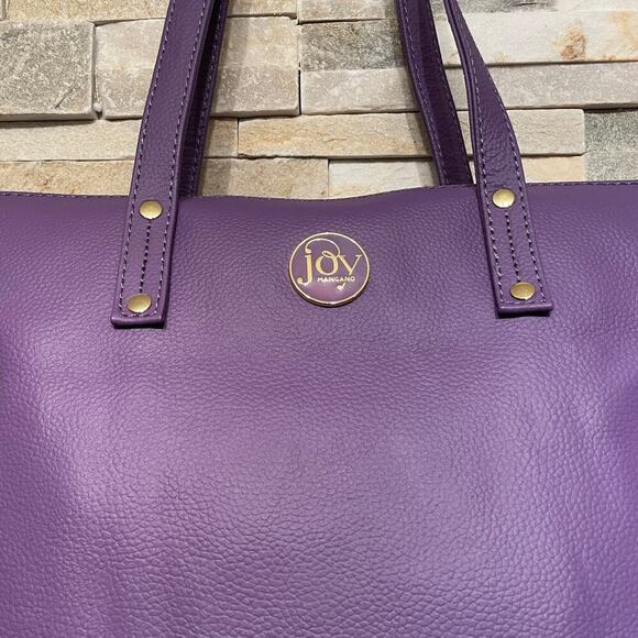 Joy Mangano Leather Tote | Purple Zip Top Bag, Gold Logo, Clean Interior NWOT - Picture 5 of 9